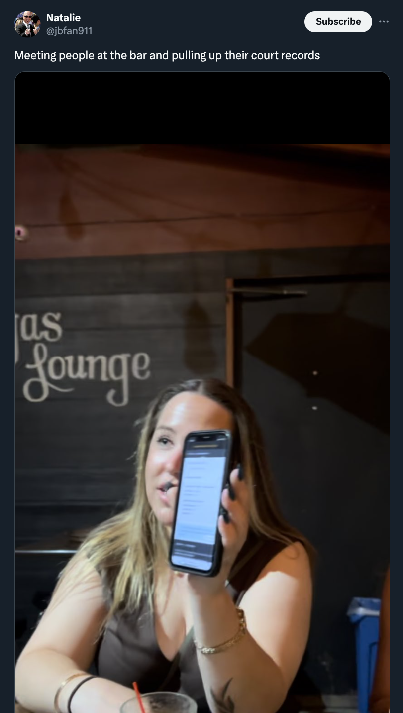 screenshot - Natalie Meeting people at the bar and pulling up their court records as Lounge Subscribe